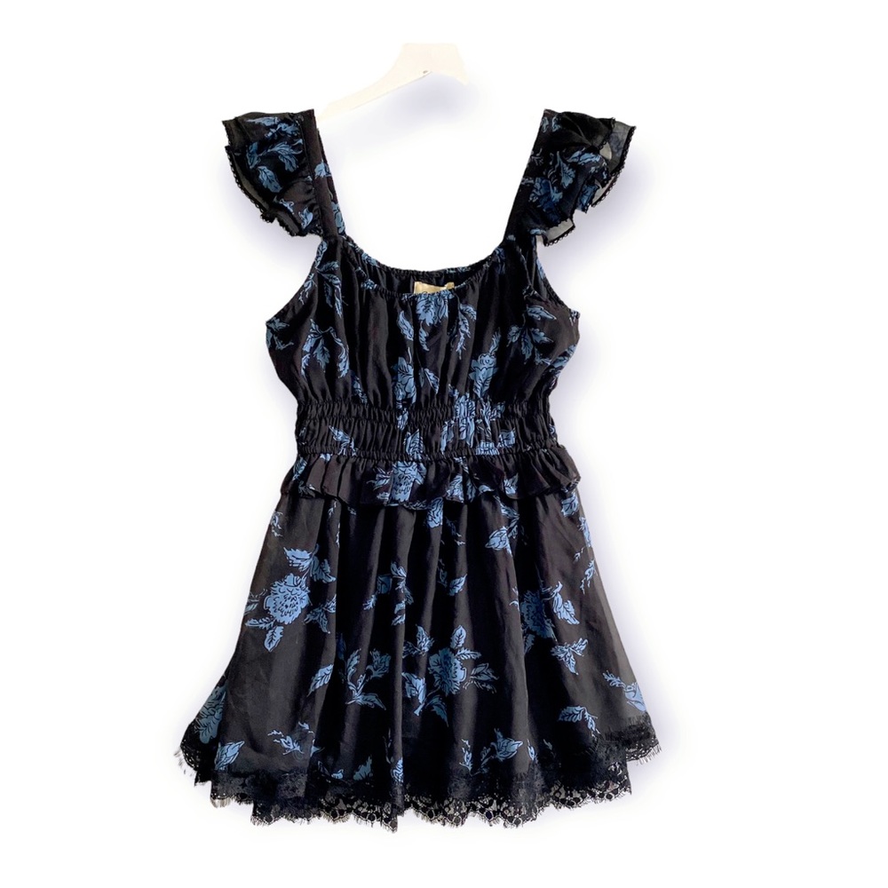 NWT Cleobella Black Blue Floral Ruffle Detail Mini Dress